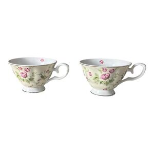 Gracie‎ Bone China Teacups Set of 2 Cream Pink Floral Hummingbird Shabby Chic